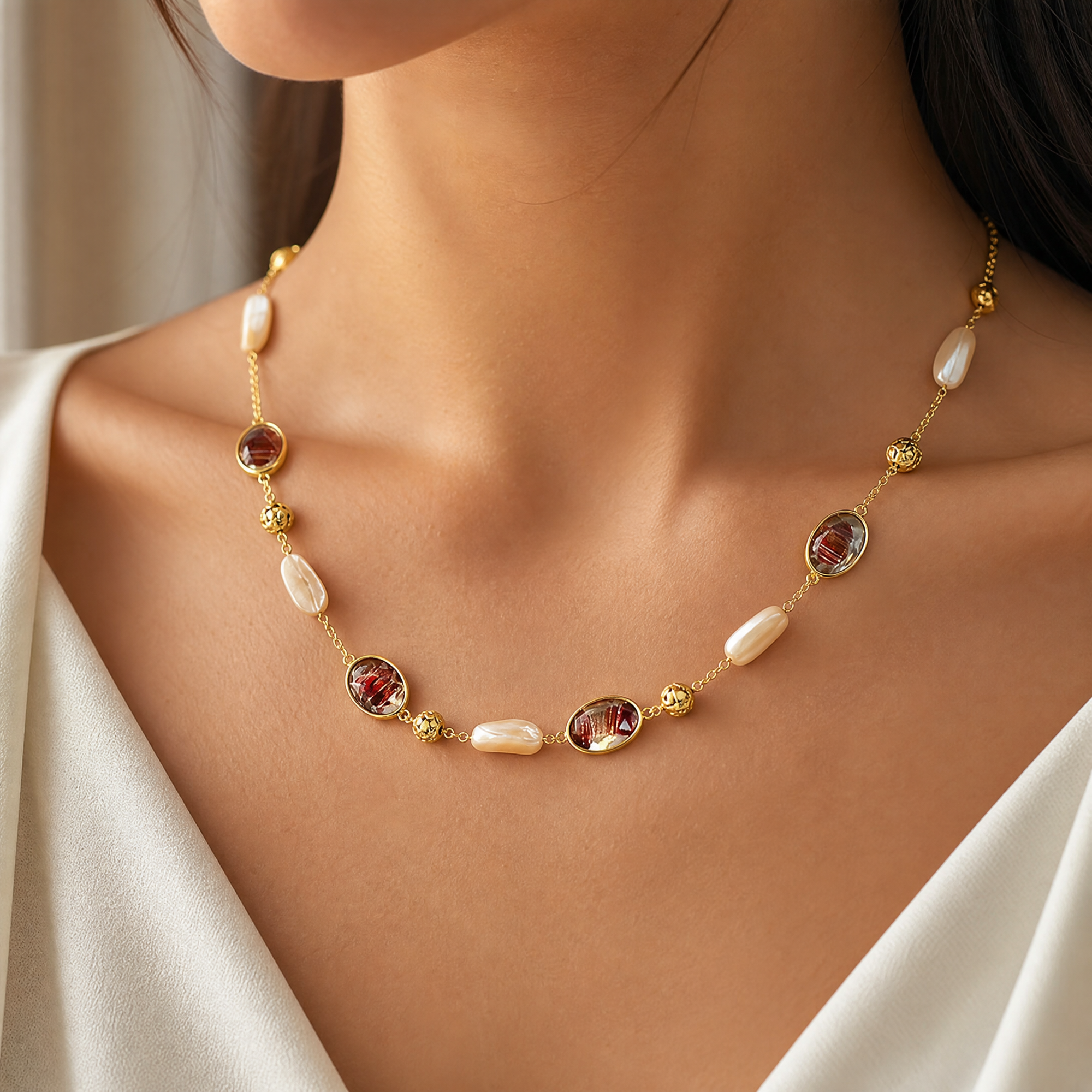 Warm gold, pearl and stone necklace worn with a white top
